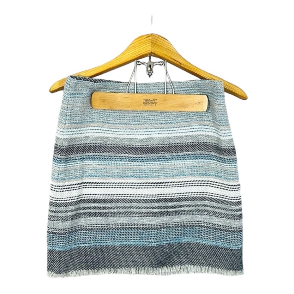 Loft Blue & Gray Striped Tweed Fringe Skirt Size 4 Petite